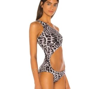 Norma Kamali Cut-Out One Piece Grey Animal Leopard Monokini Bikini Swim